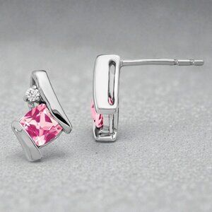 Lab Created Pink Sapphire and Diamond Earrings in 10kt White Gold
